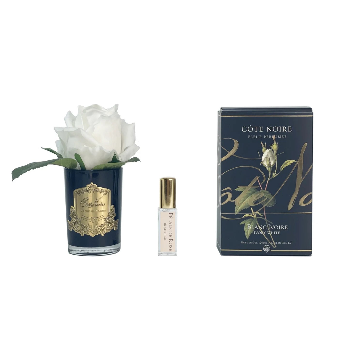 Cote Noire Rose Bud Perfumed Natural Touch Ivory White Black Glass With Gold Crest