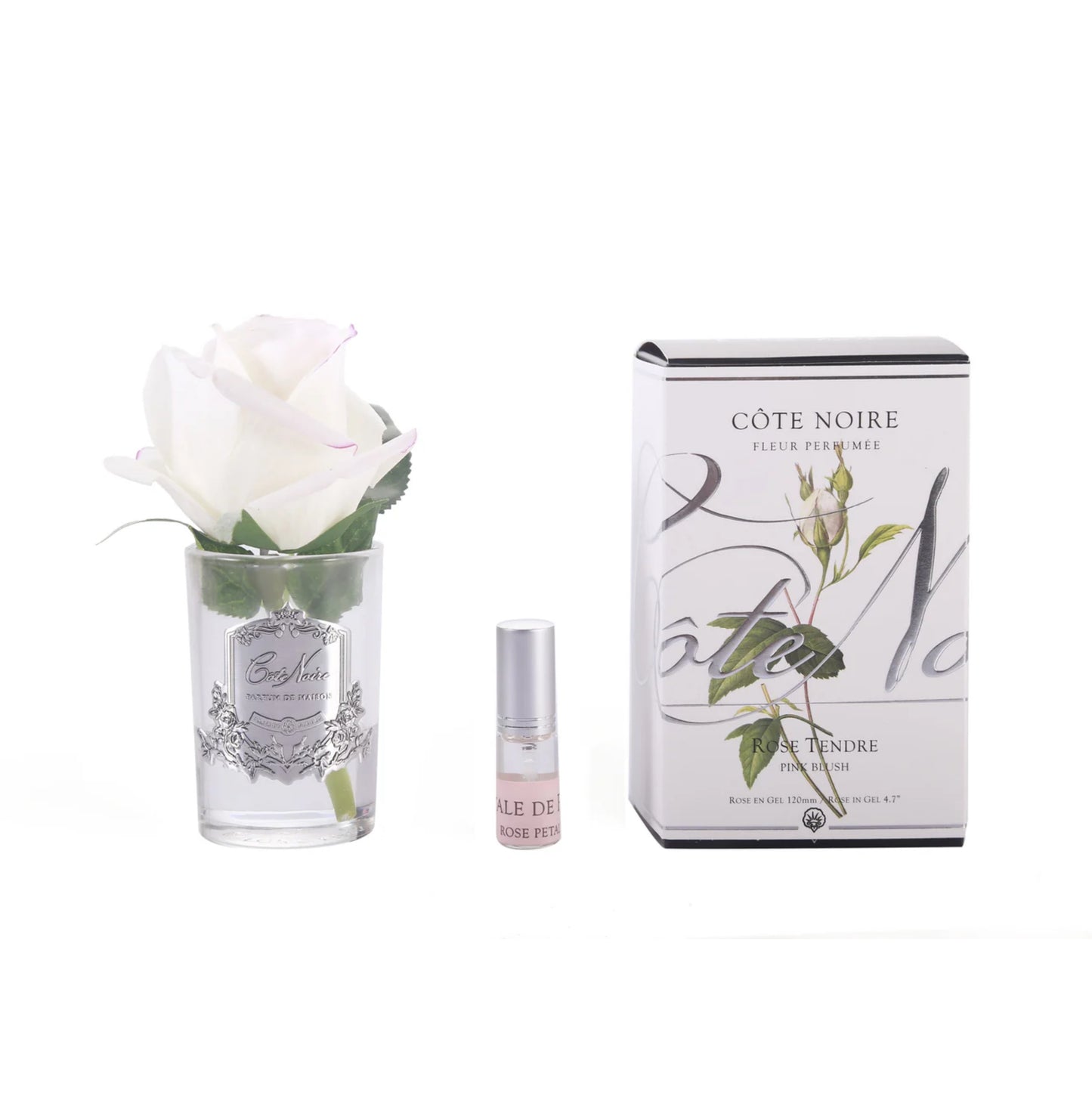 Cote Noire Rose Bud Perfumed Natural Touch Pink Blush In Clear Glass With Silver Crest