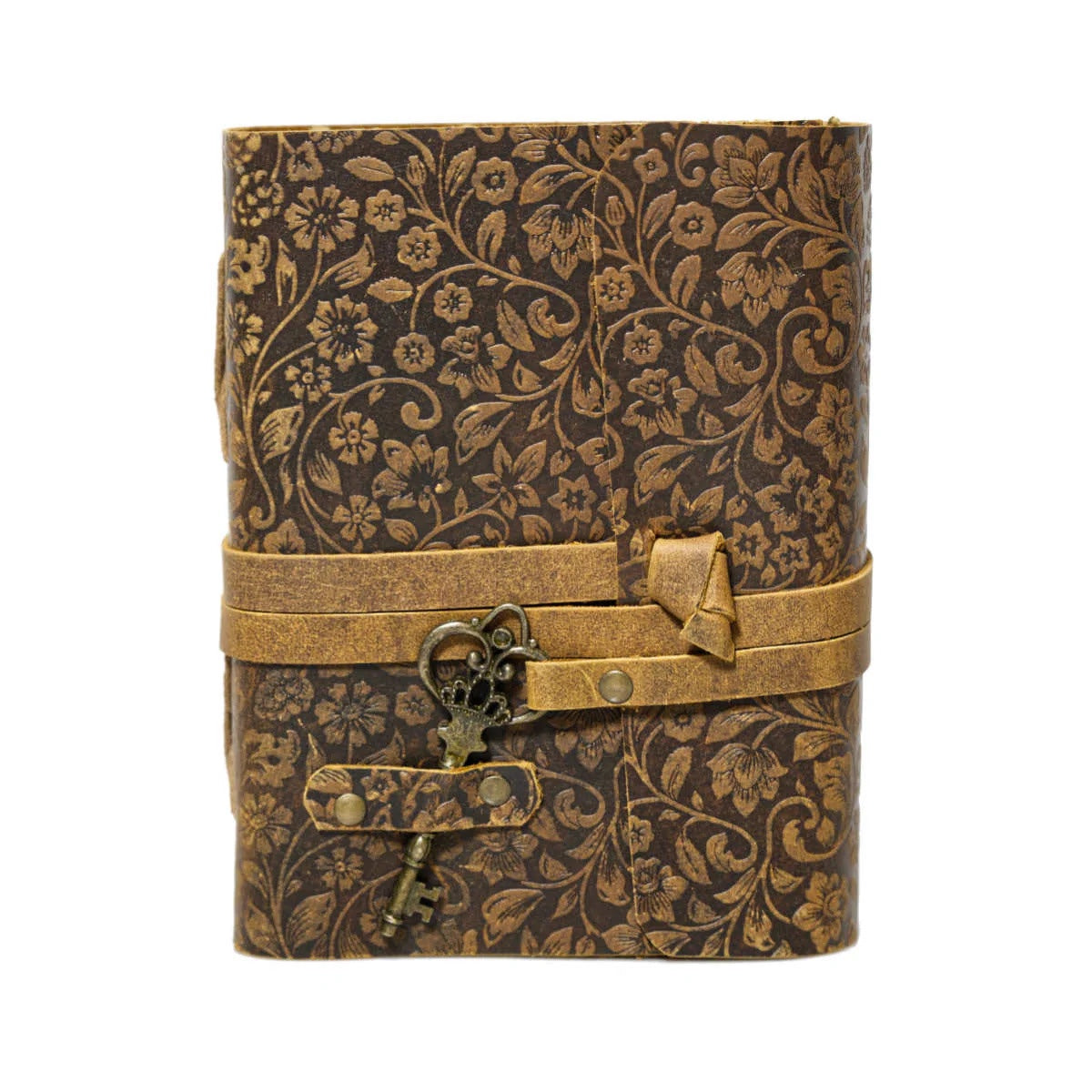 Leather Journal Parchment Style Paper Wrapped With Key Floral Design