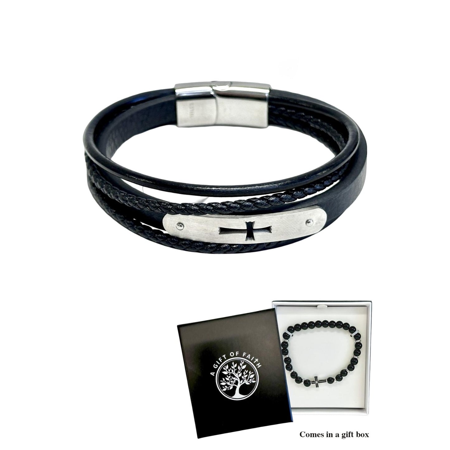 Bracelet Leather Cross With Brushed Stainless Steel