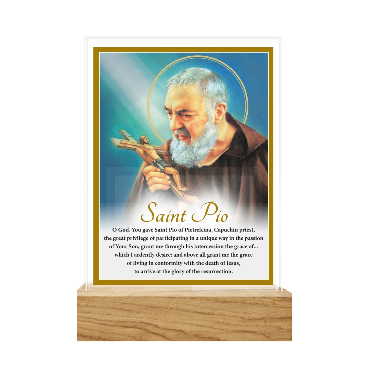 GLASS VERSE PLAQUE ON WOODEN BASE SAINT PIO