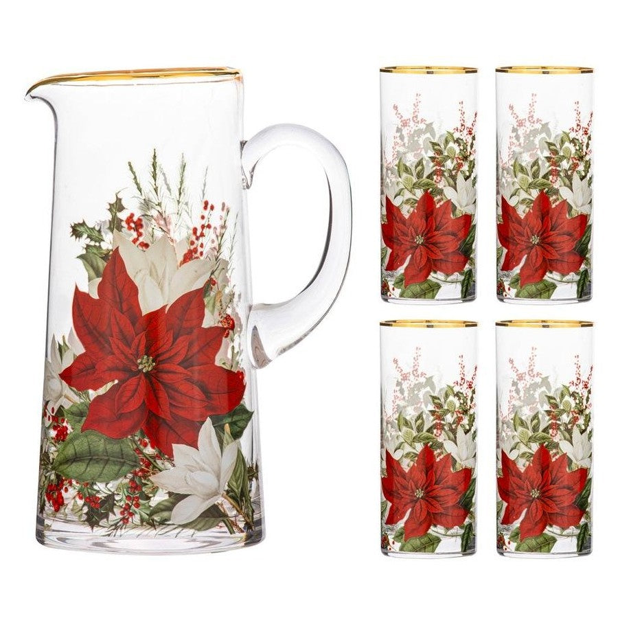 Ashdene Poinsettia Glass Jug & 4 Tumblers Set