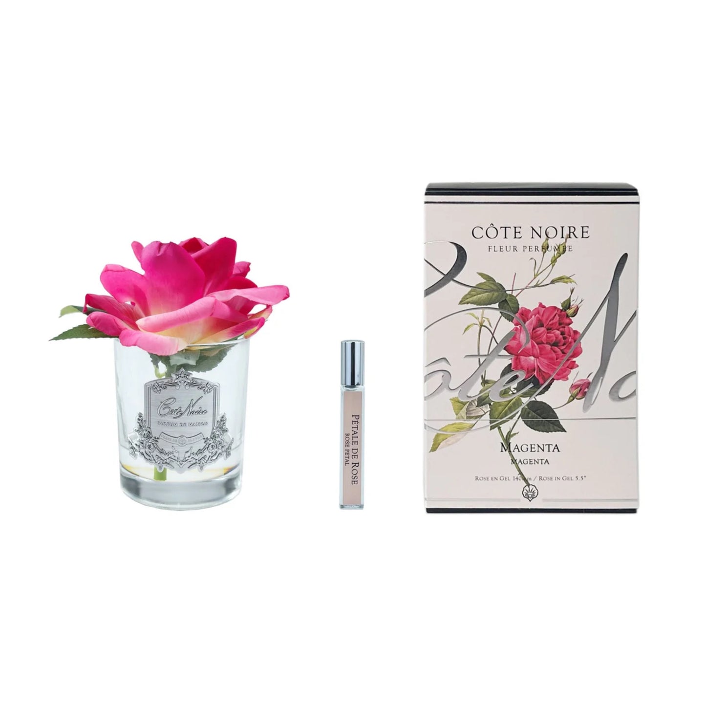 Cote Noire Single French Rose Perfumed Natural Touch Magenta Clear Glass With Silver Crest