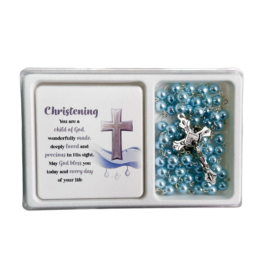 ROSARY AND VERSE PLAQUE SET CHRISTENING BLUE