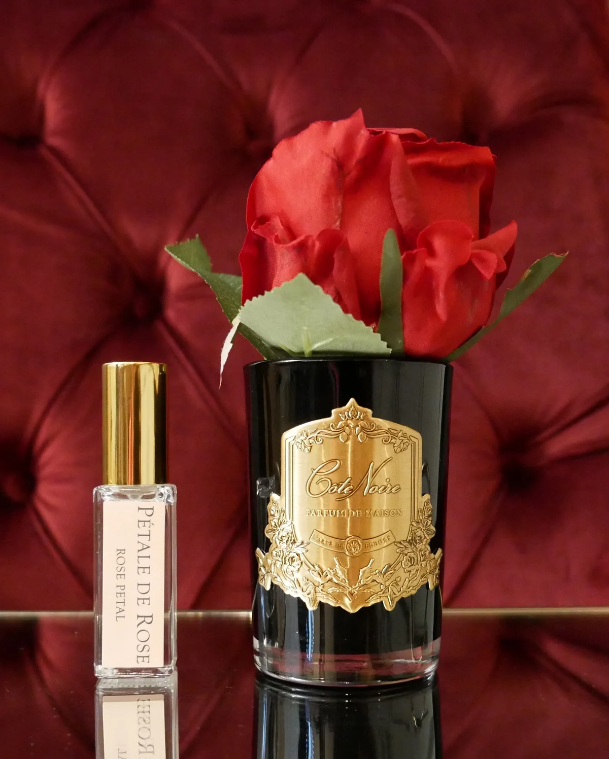Cote Noire Rose Bud Perfumed Natural Touch Red In Black Glass With Gold Crest