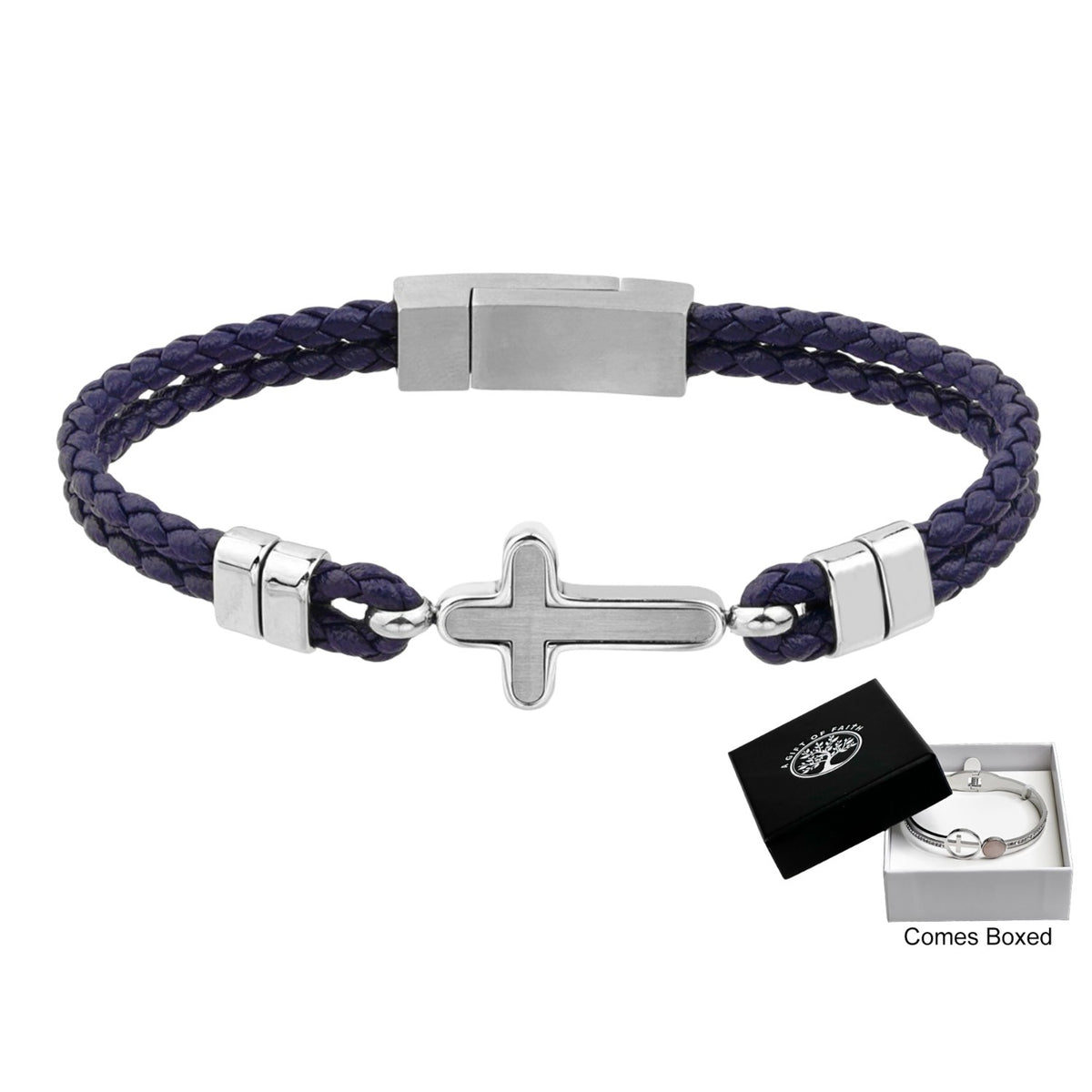 Bracelet Blue Leather With Cross Stainless Steel