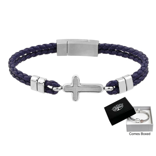 Bracelet Blue Leather With Cross Stainless Steel