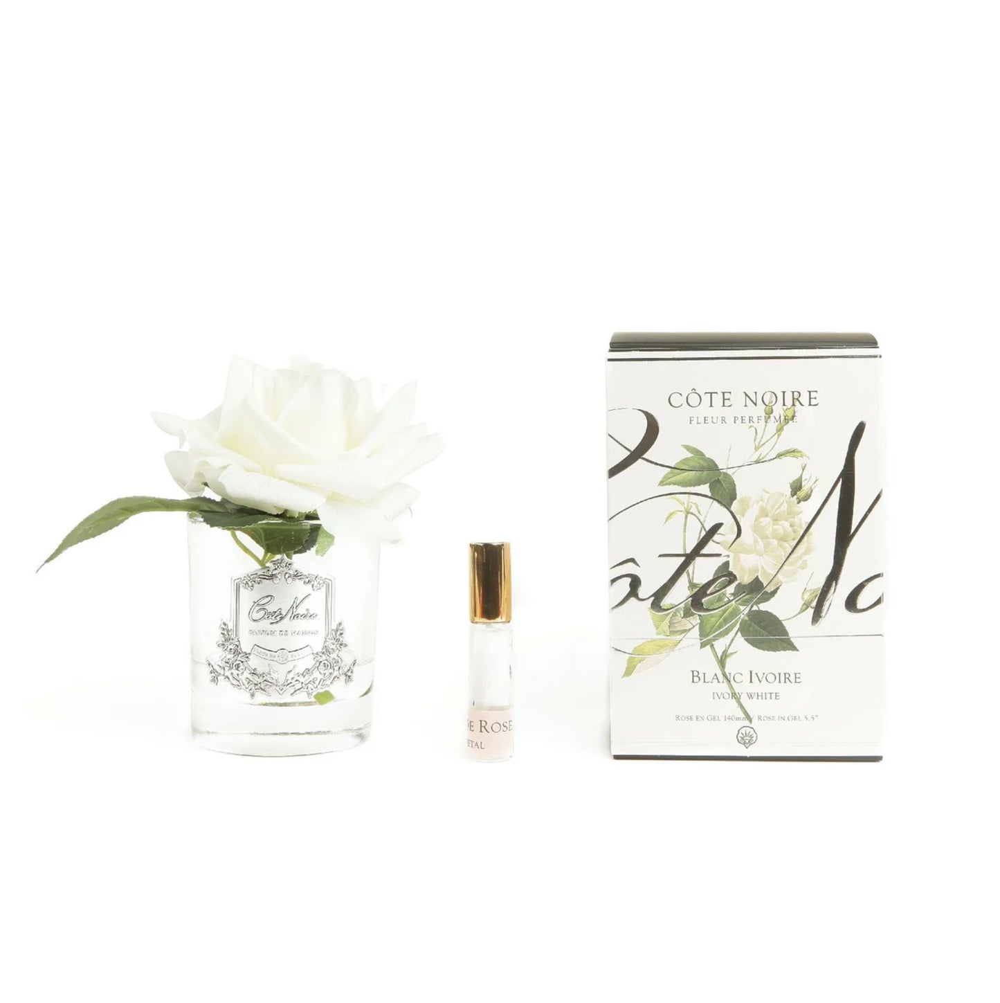 Cote Noire Single French Rose Perfumed Natural Touch Ivory White In Clear Glass With Silver Crest