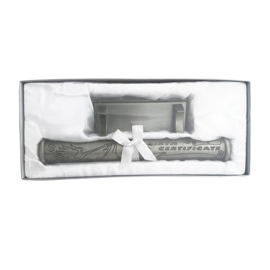 BIRTH CERTIFICATE HOLDER WITH STAND IN PEWTER FINISH