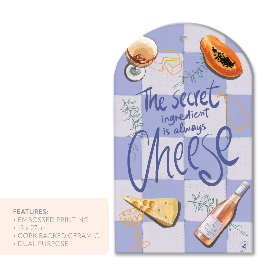 CERAMIC TRIVET "THE SECRET INGREDIENT IS ALWAYS CHEESE"