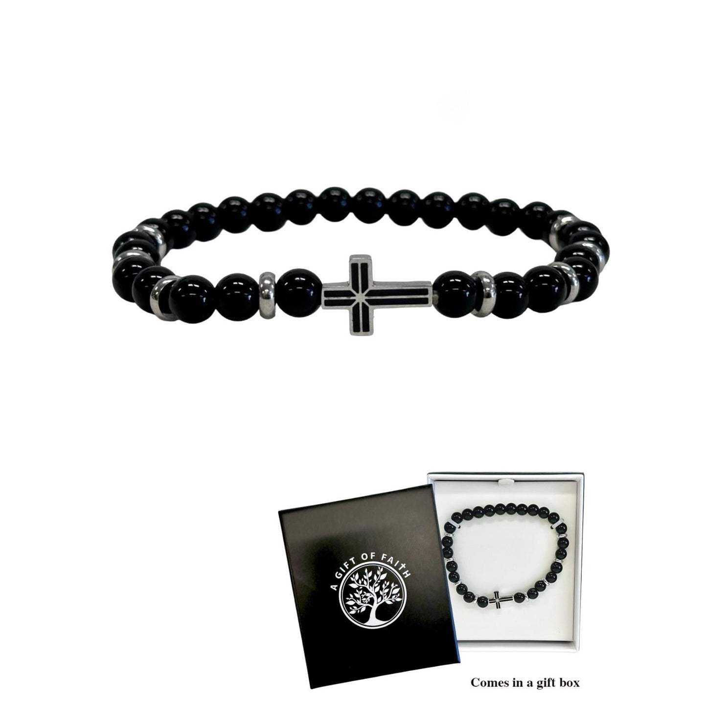 Bracelet Gift Of Faith Black Hematite With Stainless Steel Cross