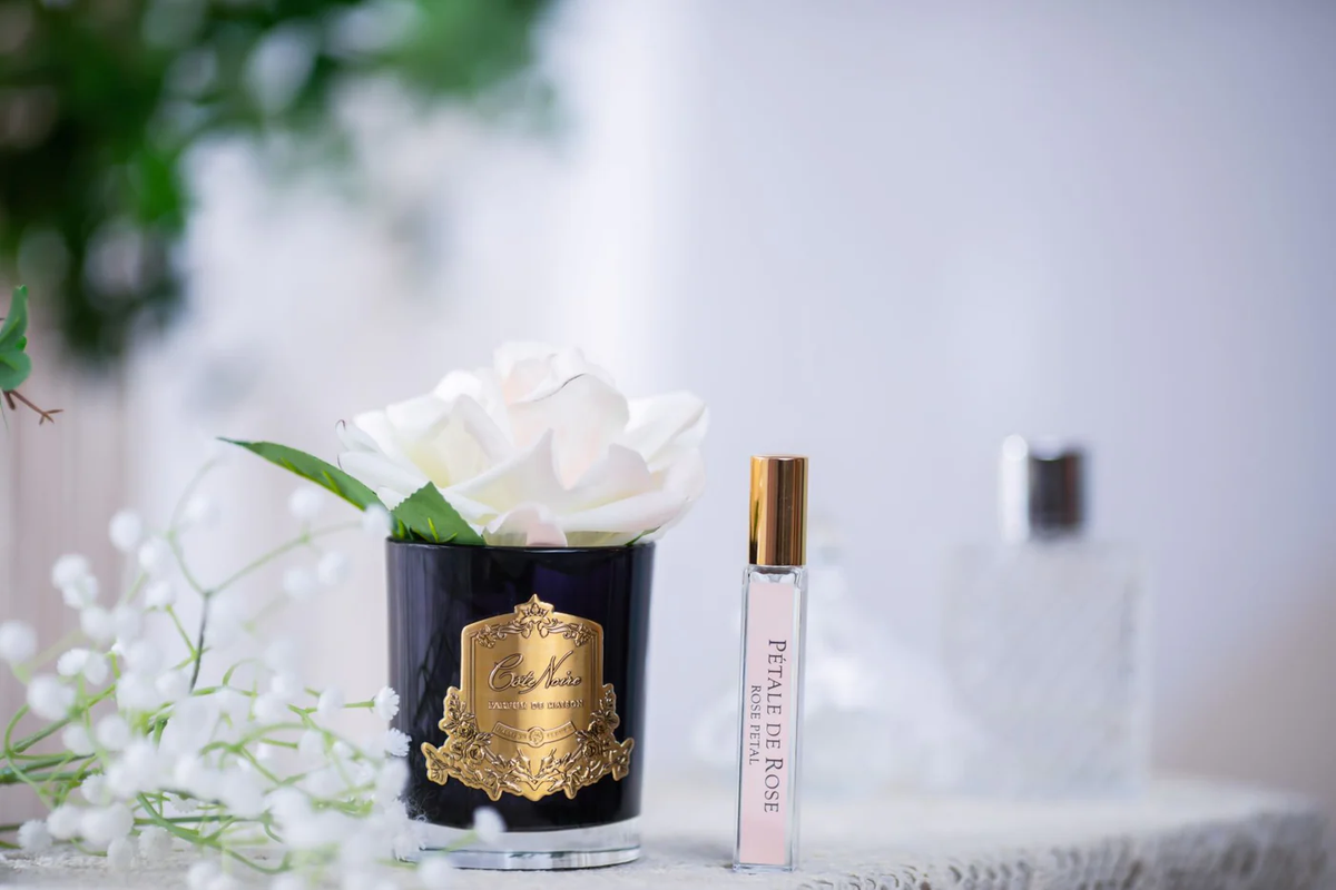 Cote Noire Single French Rose Perfumed Natural Touch Pink Blush In Black Glass With Gold Crest