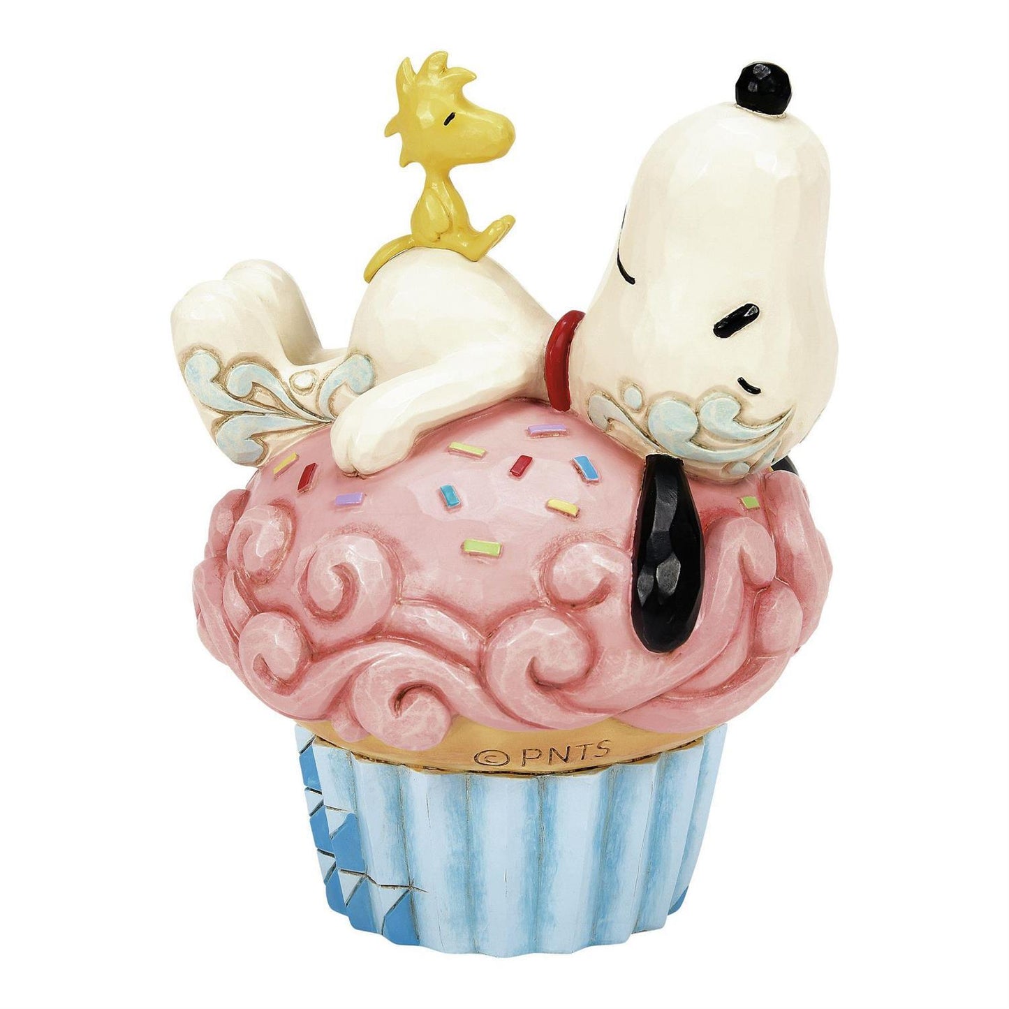 PEANUTS BY JIM SHORE SNOOPY & WOODSTOCK LAYING ON CUPCAKE