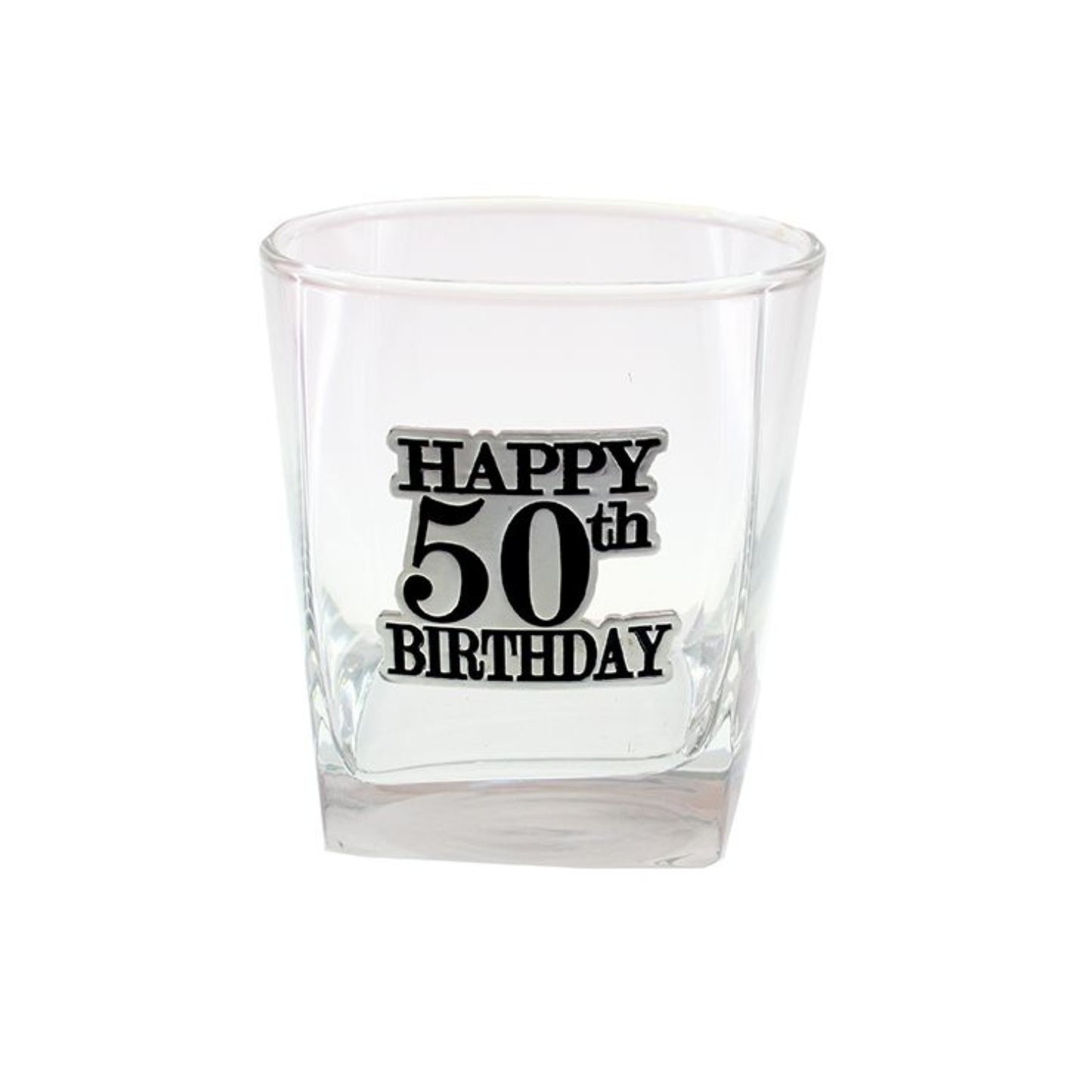Birthday Whiskey Scotch Glass With Black & Silver Badge 50th