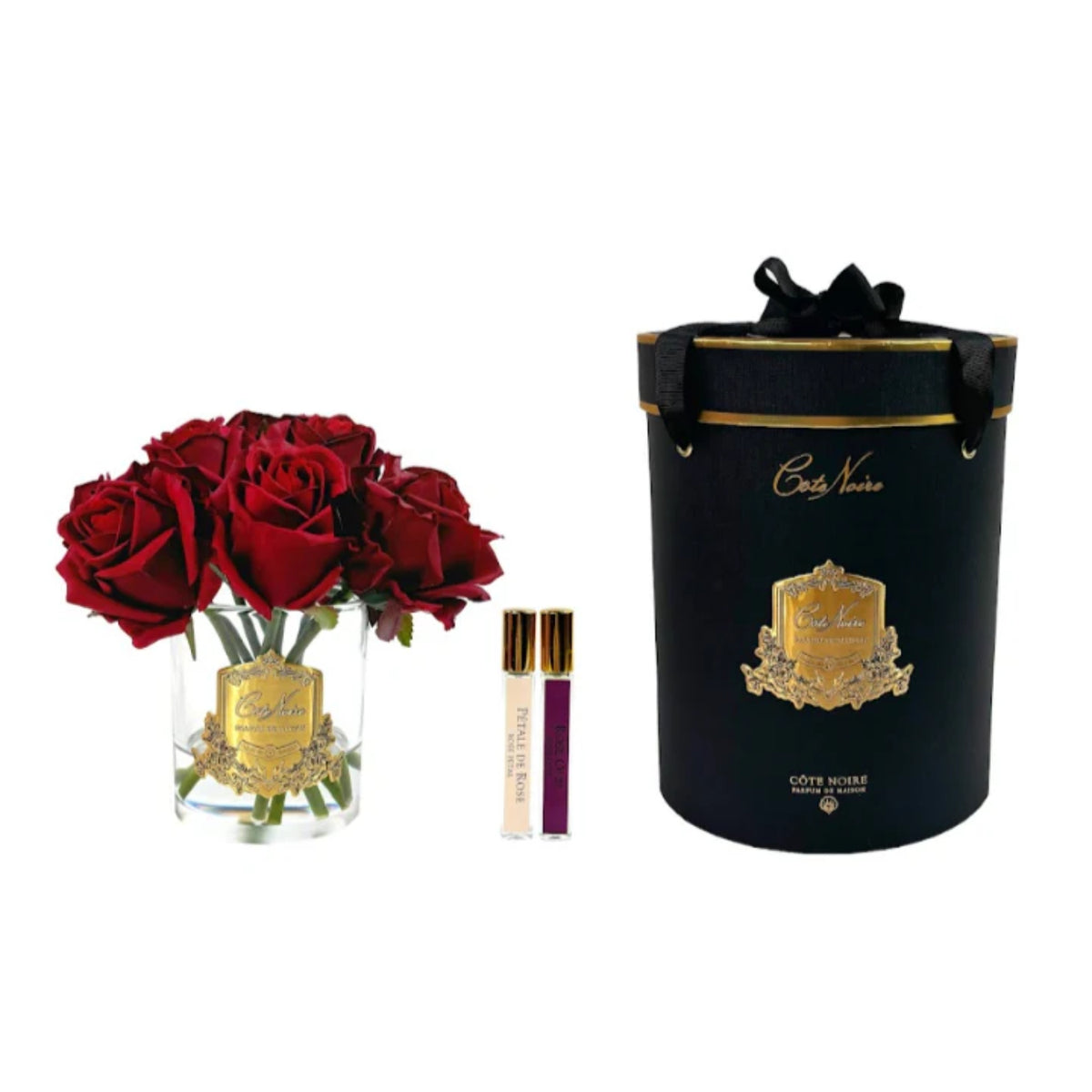 Cote Noire Premium Rose Bud Bouquet Red In Clear Glass With Gold Crest