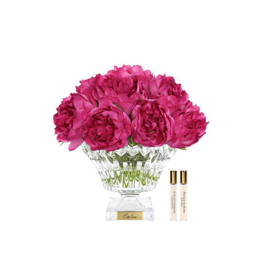 Cote Noire Bordeaux Magenta Peonies In Cut Glass With Gold Crest