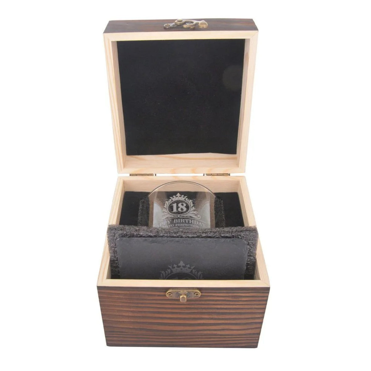Birthday Whiskey Glass & Slate Coaster Set in Wooden Box 18th