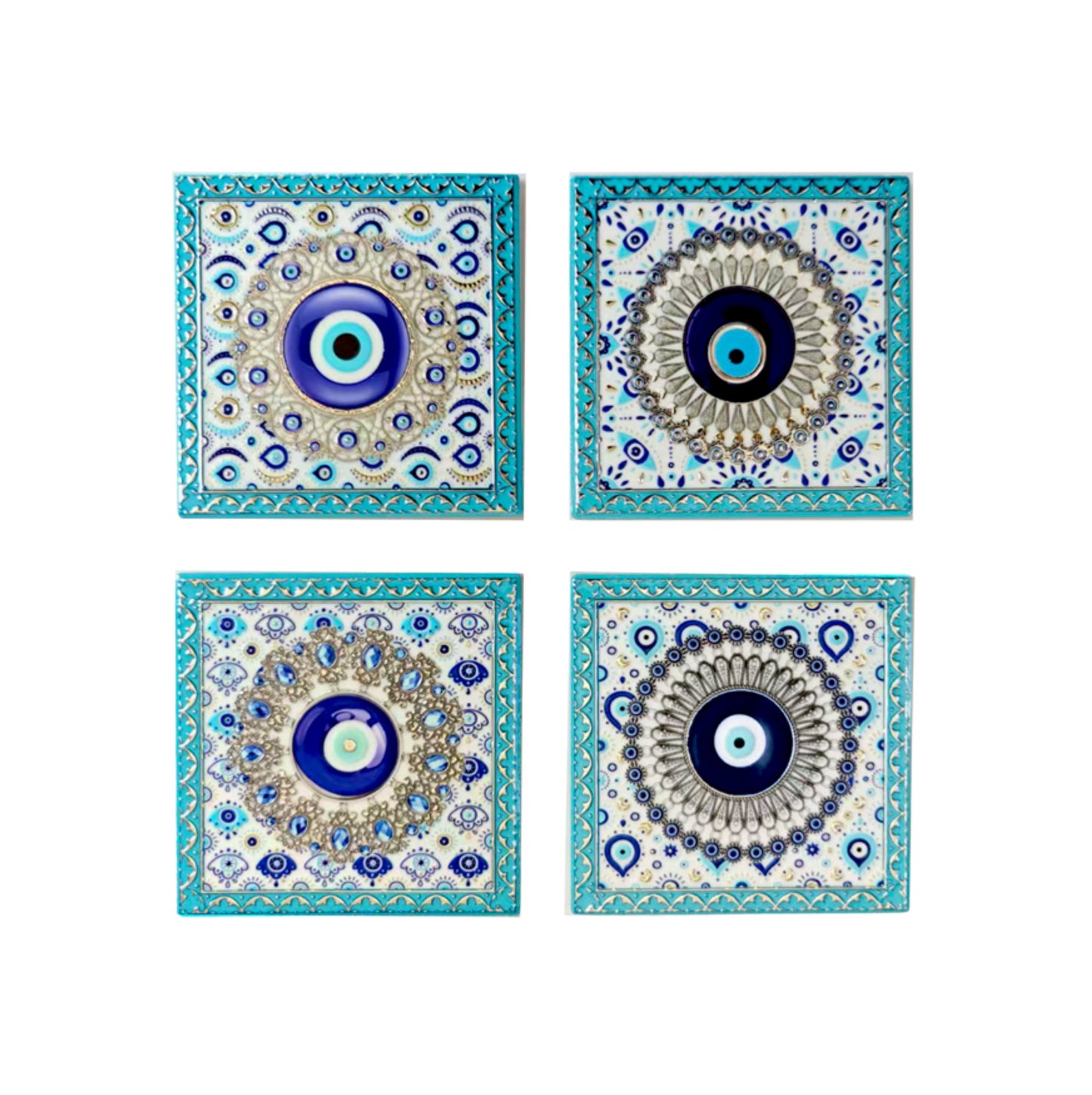 CERAMIC COASTERS SQUARE SET OF 4 CORFU AQUA BLUE