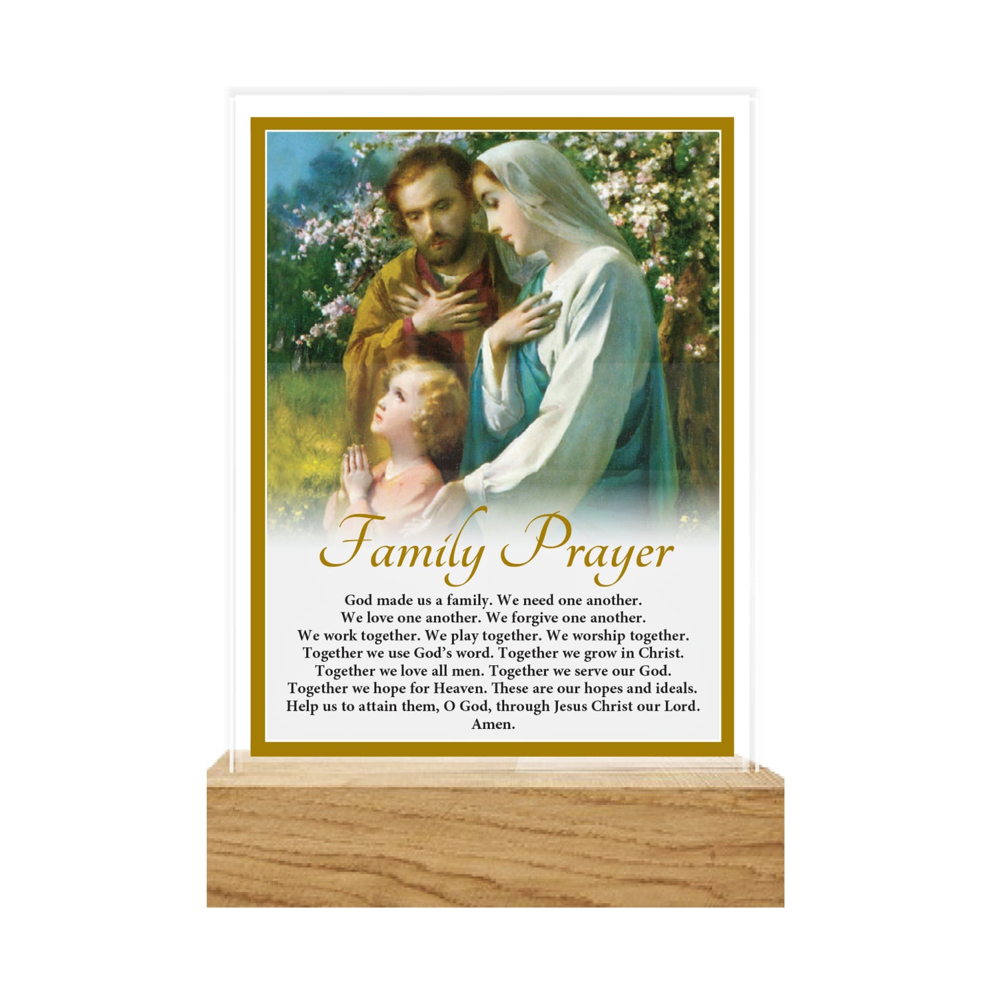GLASS VERSE PLAQUE ON WOODEN BASE HOLY FAMILY PRAYER