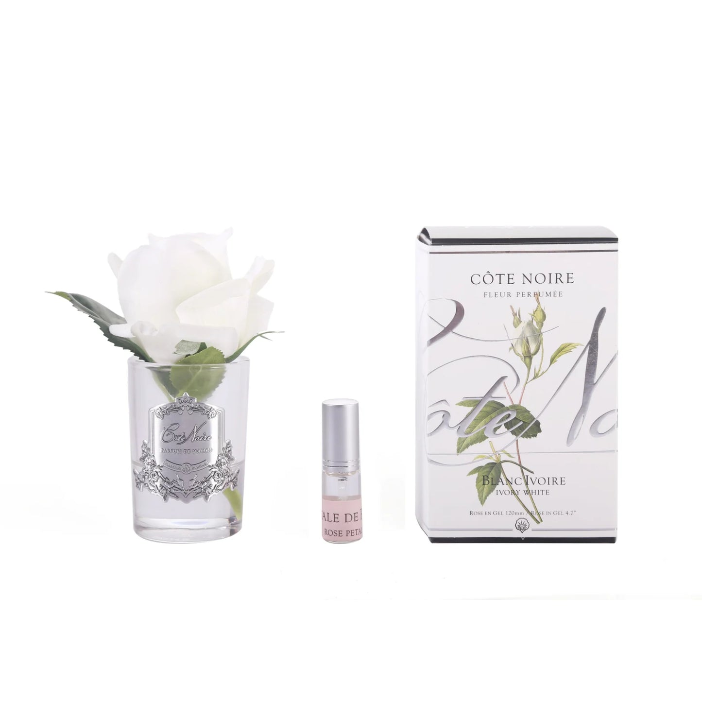 Cote Noire Rose Bud Perfumed Natural Touch Ivory White Clear Glass With Silver Crest