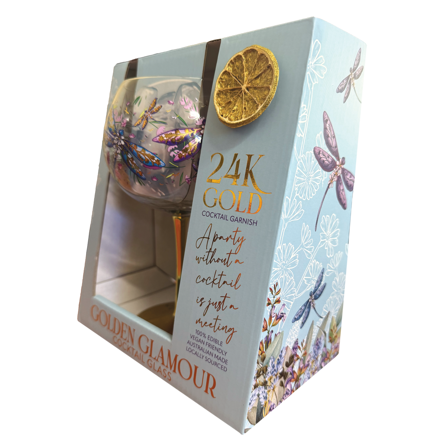 Lisa Pollock Golden Glamour Glass With 24K Gold Edible Lime Garnish Lavender Dragonflies