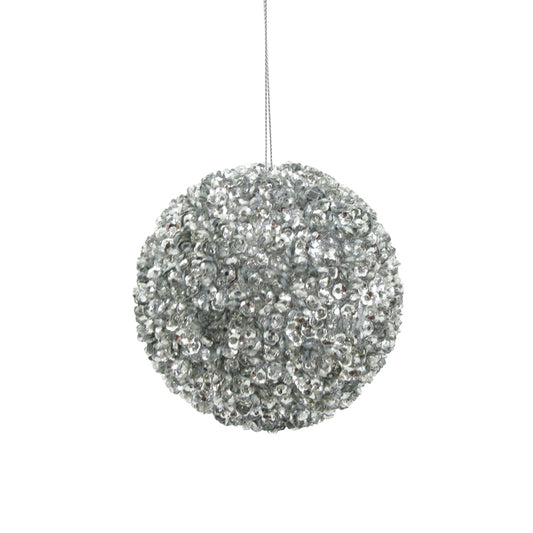 CHRISTMAS STYRO BEADED SEQUIN HANGING BALL SILVER SMALL