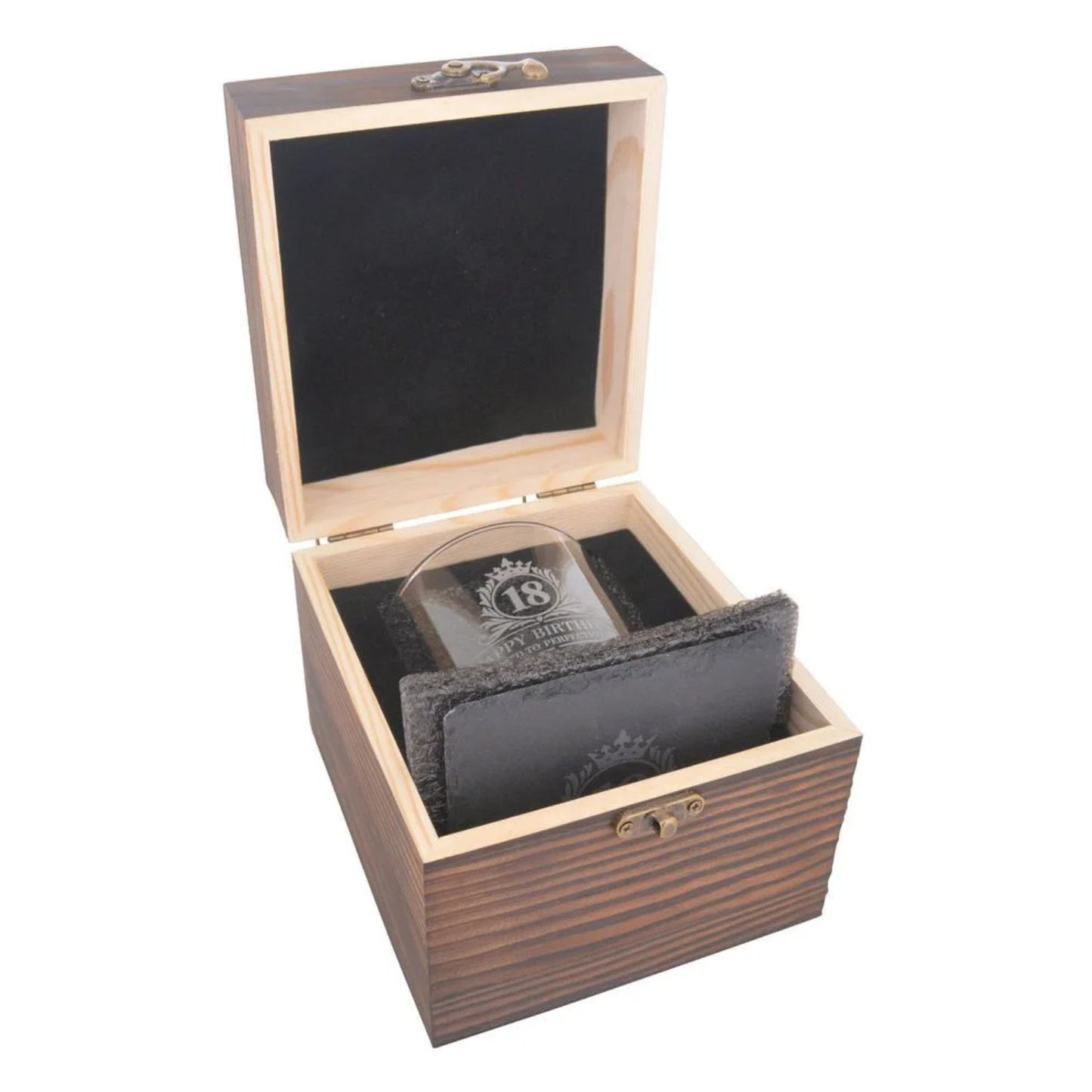 Birthday Whiskey Glass & Slate Coaster Set in Wooden Box 18th