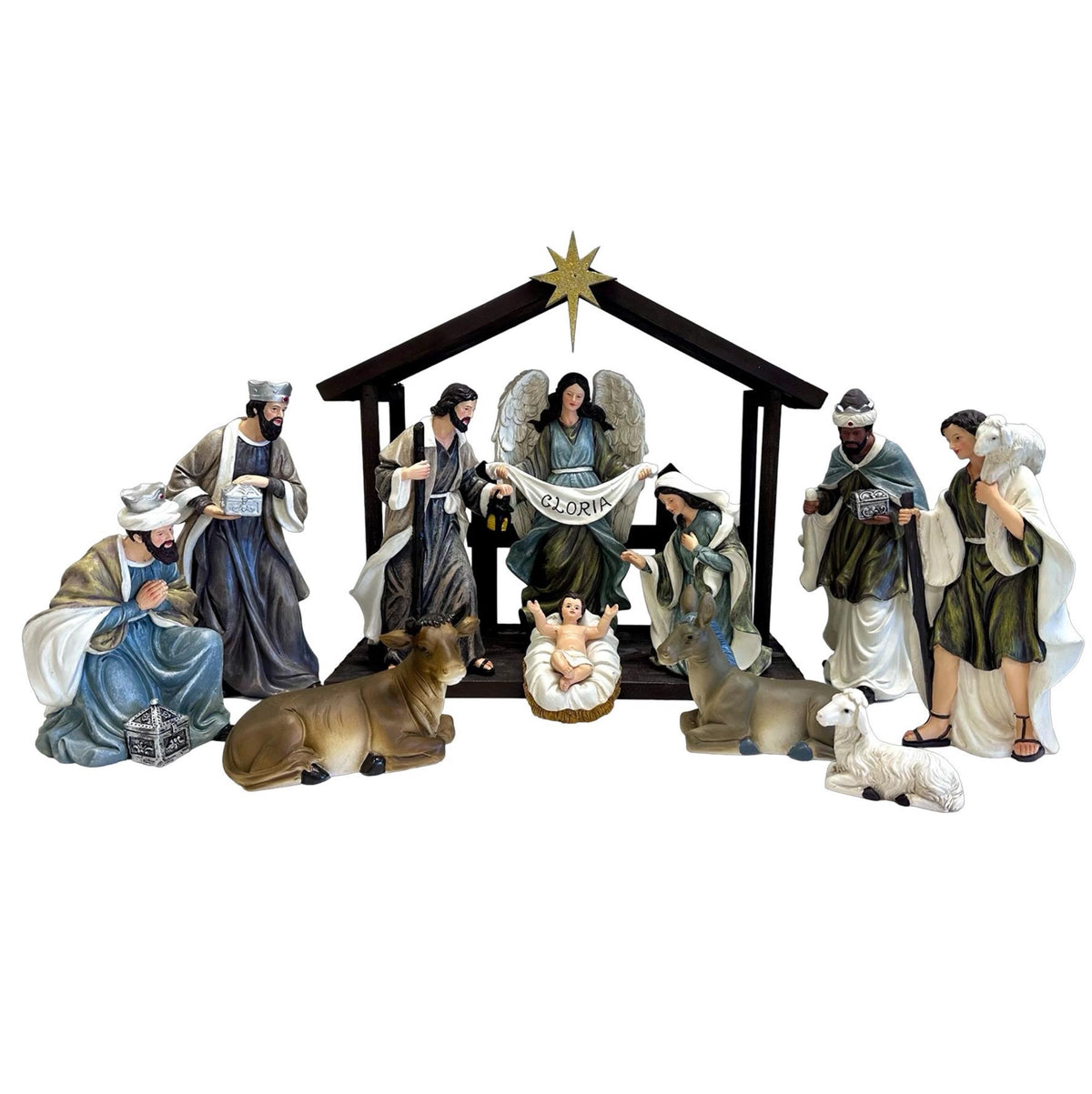 Christmas 11pc Nativity Set With Resin Stable Blue Tones