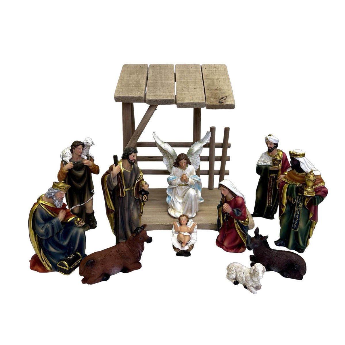 Christmas 11pc Nativity Set With Wooden Stable Traditional