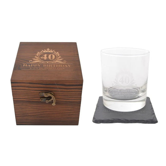 Birthday Whiskey Glass & Slate Coaster Set in Wooden Box 40th