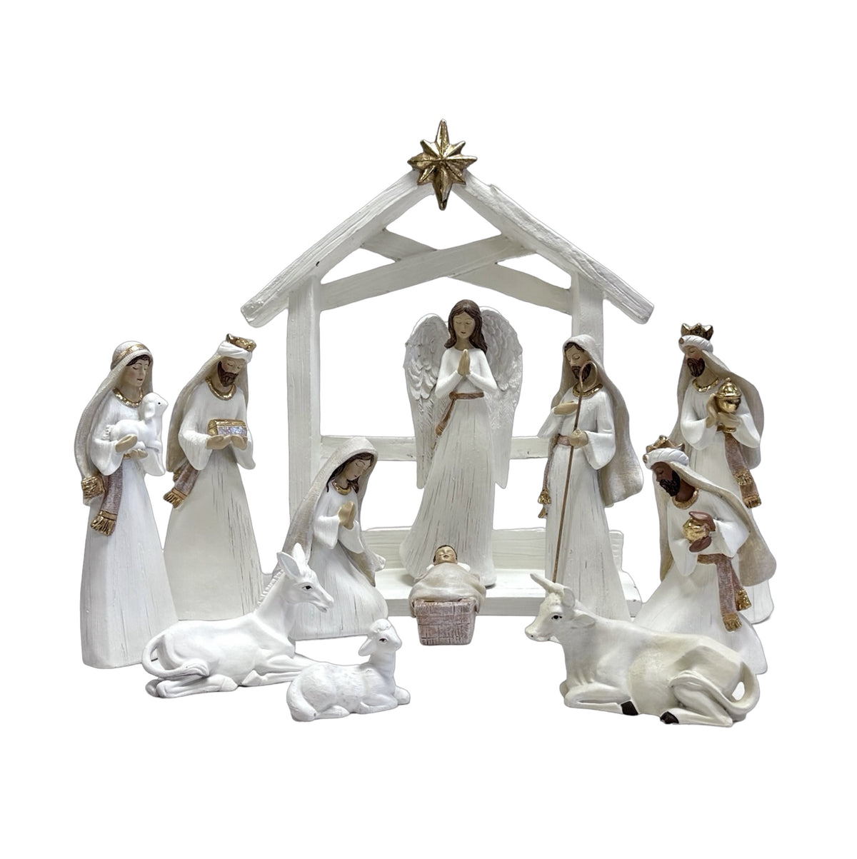 CHRISTMAS NATIVITY SET AND STABLE RESIN WHITE 11PCS 20CM