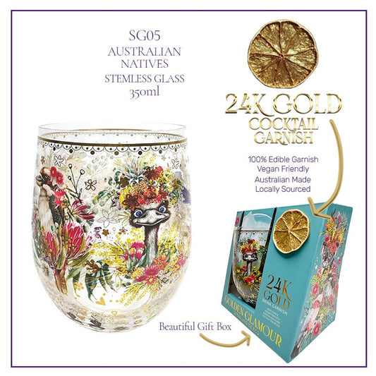 Lisa Pollock Stemless Glass Gold Detailing With 24K Gold Lime Garnish Australian Natives