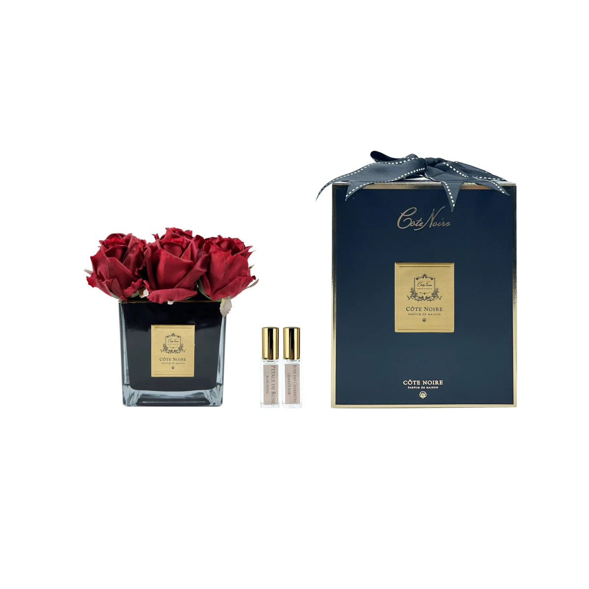 Cote Noire Square 9 Rose Buds Red In Black Square Glass With Gold Crest