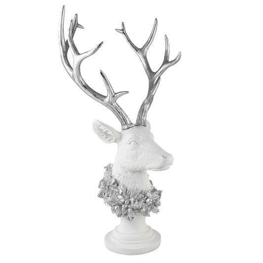 CHRISTMAS RESIN DEER HEAD ON STAND SILVER & WHITE