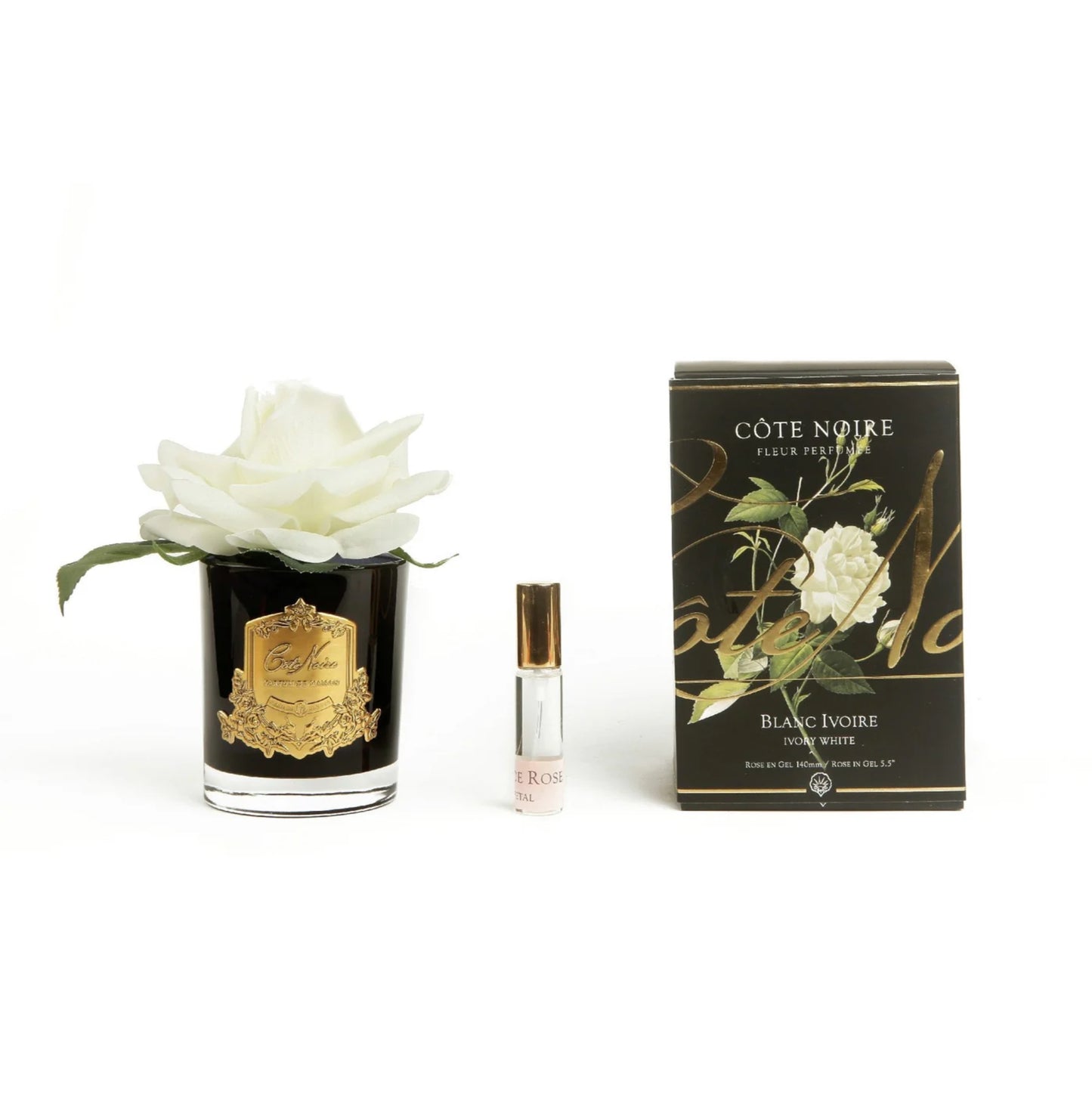 Cote Noire Single French Rose Perfumed Natural Touch Ivory White In Black Glass With Gold Crest