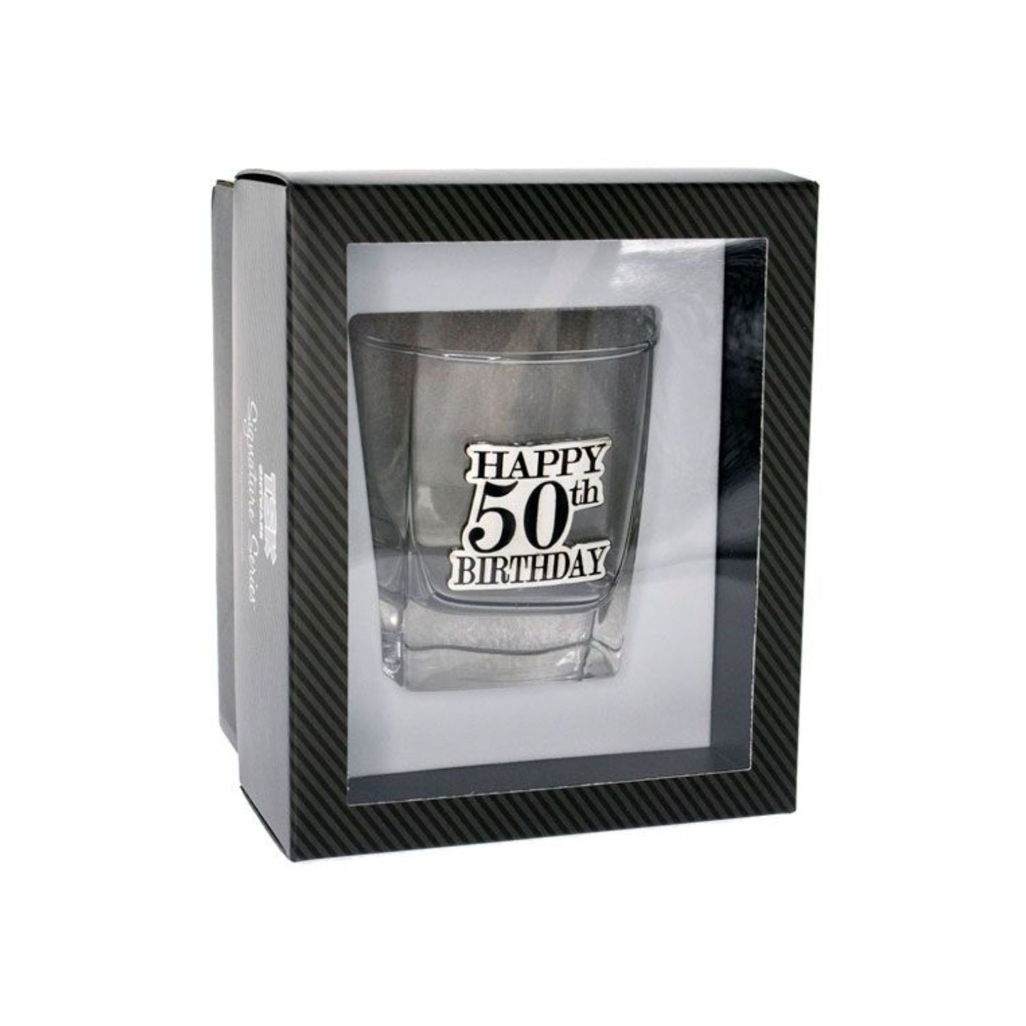 Birthday Whiskey Scotch Glass With Black & Silver Badge 50th