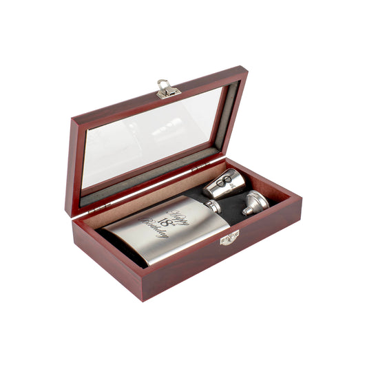 HIP FLASK GIFT SET IN TIMBER BOX 18TH BIRTHDAY