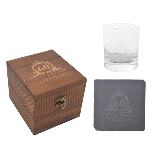 Birthday Whiskey Glass & Slate Coaster Set in Wooden Box 60th