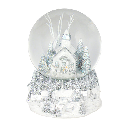 CHRISTMAS RESIN WHITE & SILVER WATERBALL CHURCH SMALL
