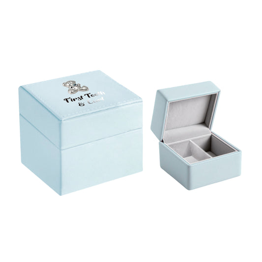 First Tooth & Curl Box Blue Leather With Silver Bear Motiff Baby Boy