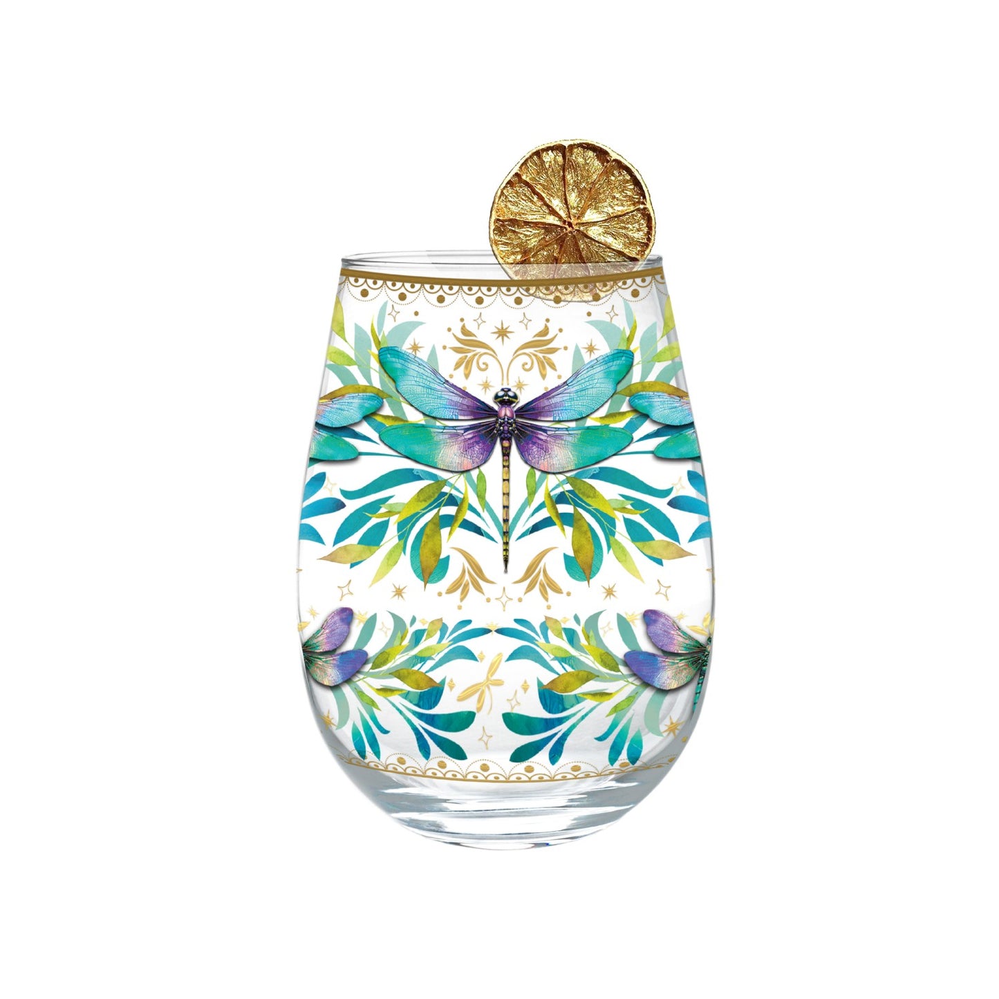Lisa Pollock Stemless Glass Gold Detailing With 24K Gold Lime Garnish Turquoise Dragonfly