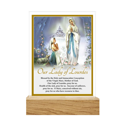 GLASS VERSE PLAQUE ON WOODEN BASE OUR LADY OF LOURDES