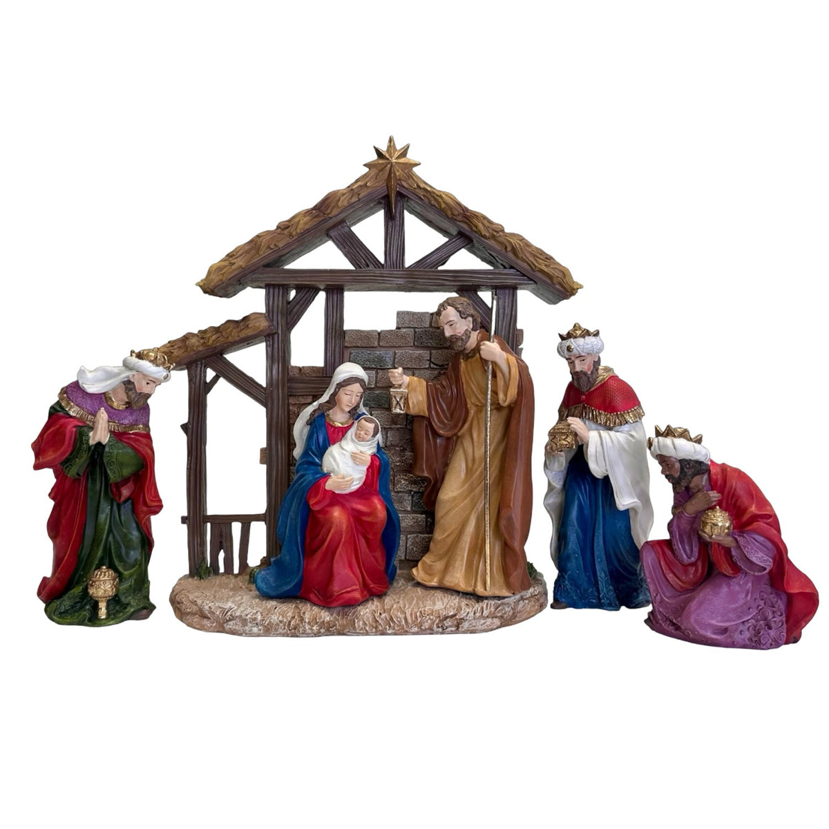 Christmas 6pc Nativity Set With Resin Stable Traditional Colours