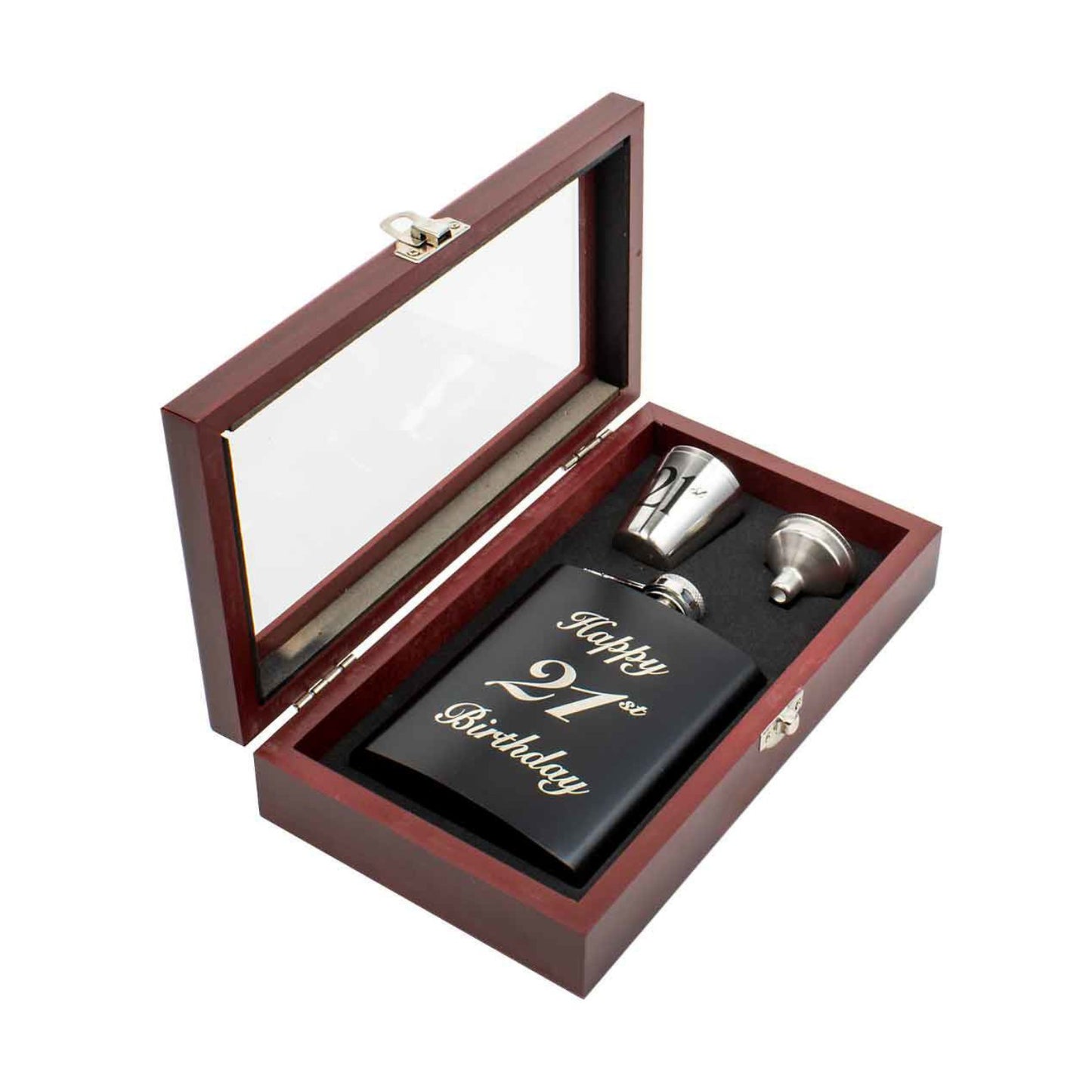 HIP FLASK GIFT SET IN TIMBER BOX 21ST BIRTHDAY BLACK