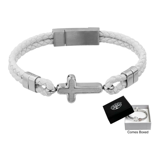 Bracelet White Leather With Stainless Steel Cross