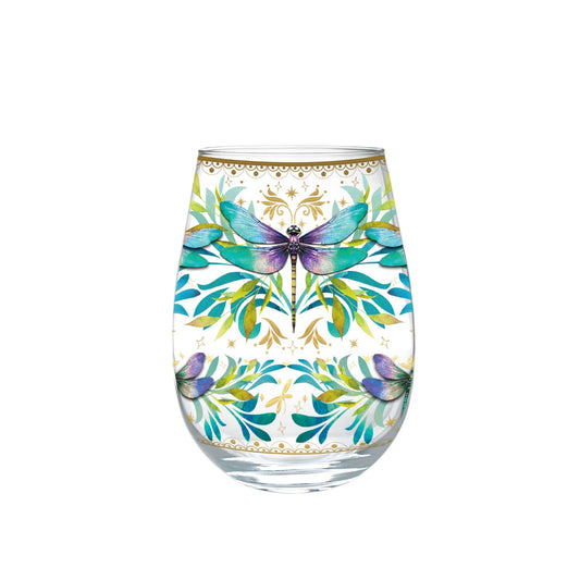 Lisa Pollock Stemless Glass Gold Detailing With 24K Gold Lime Garnish Turquoise Dragonfly