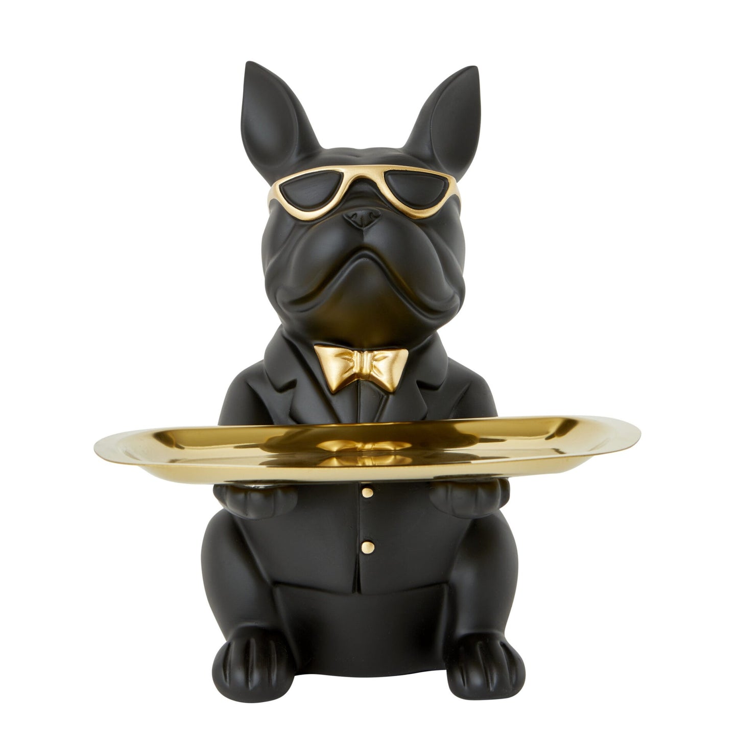 Bulldog Figurine Holding Rectangle Tray Black & Gold