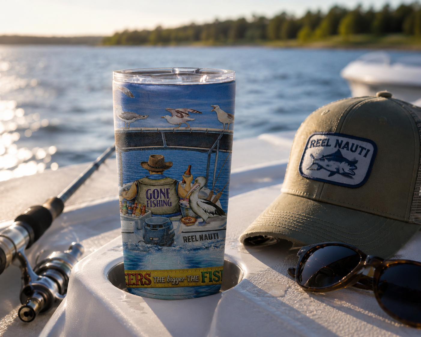 Lisa Pollock Double Walled Stainless Steel Travel Mug Roadie "Fishing & Beer"