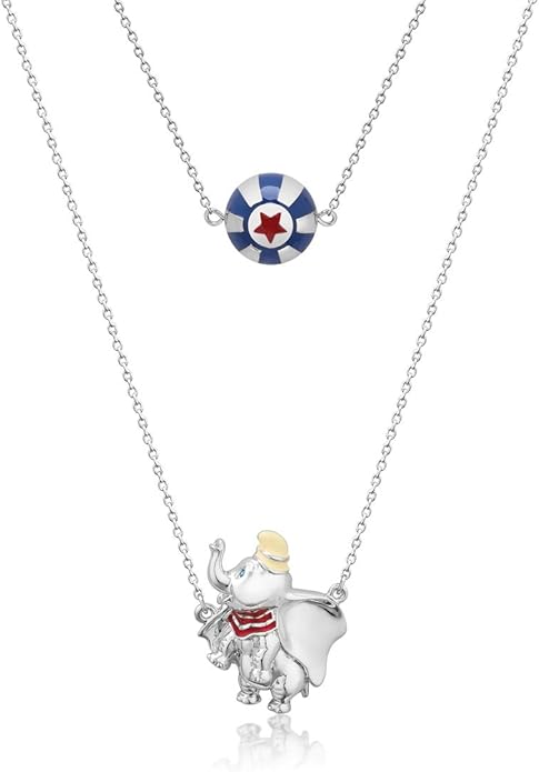 DISNEY COUTURE KINGDOM DUMBO AND CIRCUS BALL DOUBLE WITH ENAMEL NECKLACE WHITE GOLD PLATED