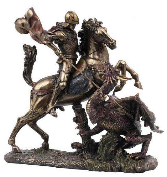 VERONESE DESIGNS BRONZE FIGURINE SAINT GEORGE SLAYING DRAGON 29CM
